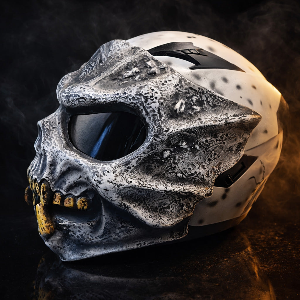 Ghost White Predator Skull Motorcycle Helmet | Custom Airbrushed Fiberglass