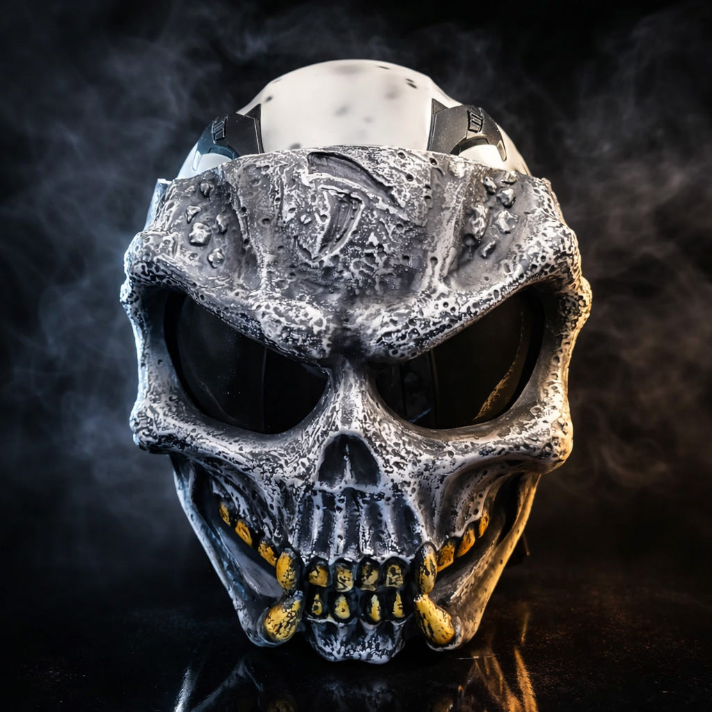 Ghost White Predator Skull Motorcycle Helmet | Custom Airbrushed Fiberglass