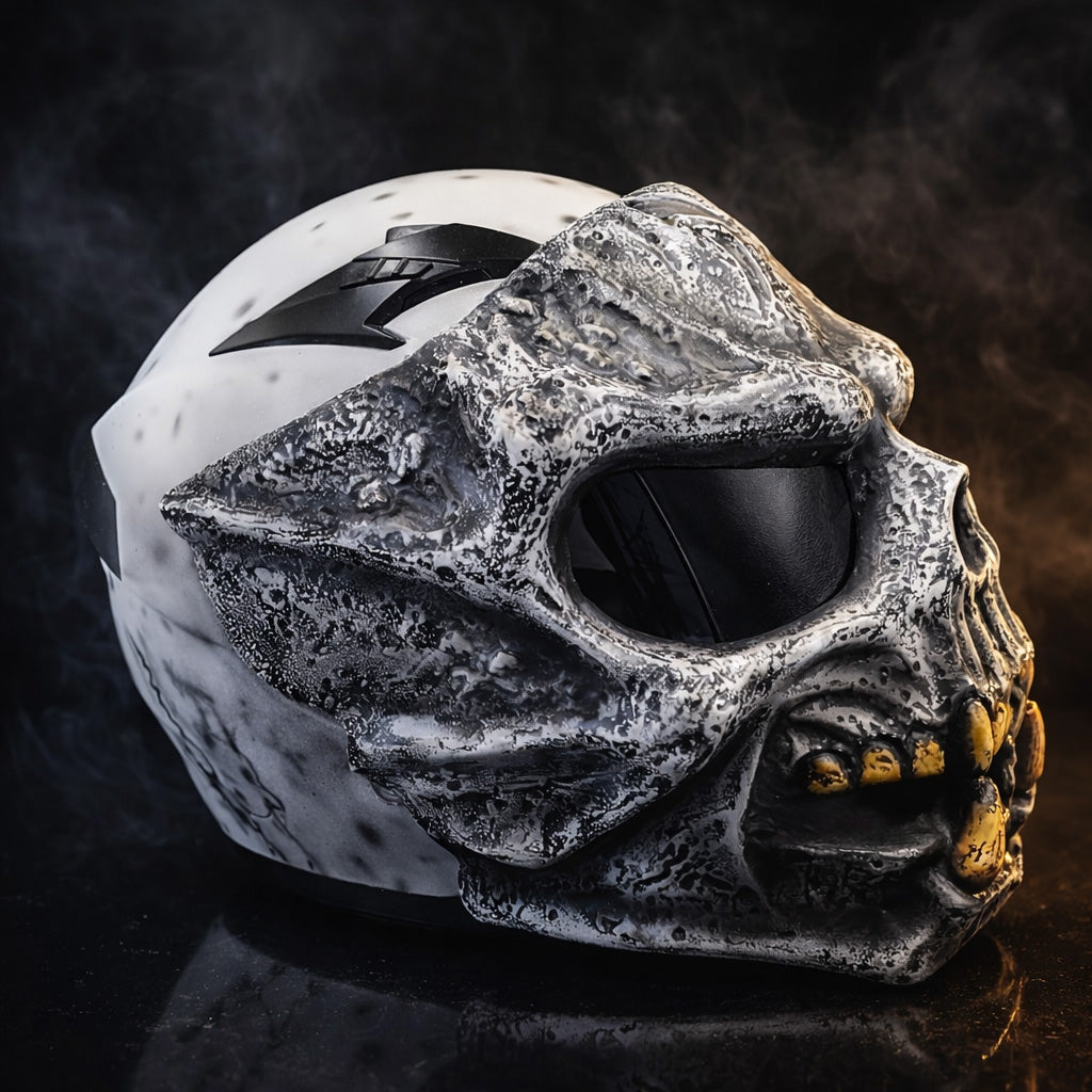 Ghost White Predator Skull Motorcycle Helmet | Custom Airbrushed Fiberglass