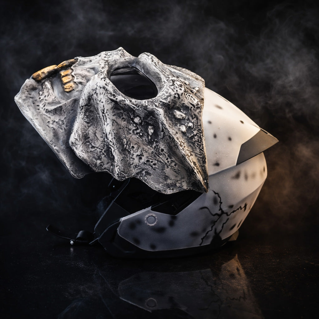Ghost White Predator Skull Motorcycle Helmet | Custom Airbrushed Fiberglass