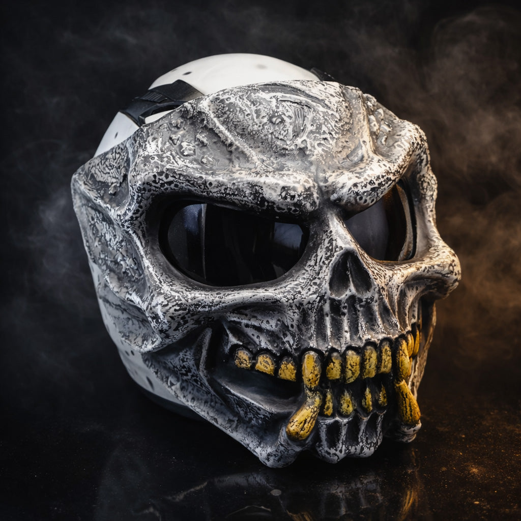Ghost White Predator Skull Motorcycle Helmet | Custom Airbrushed Fiberglass